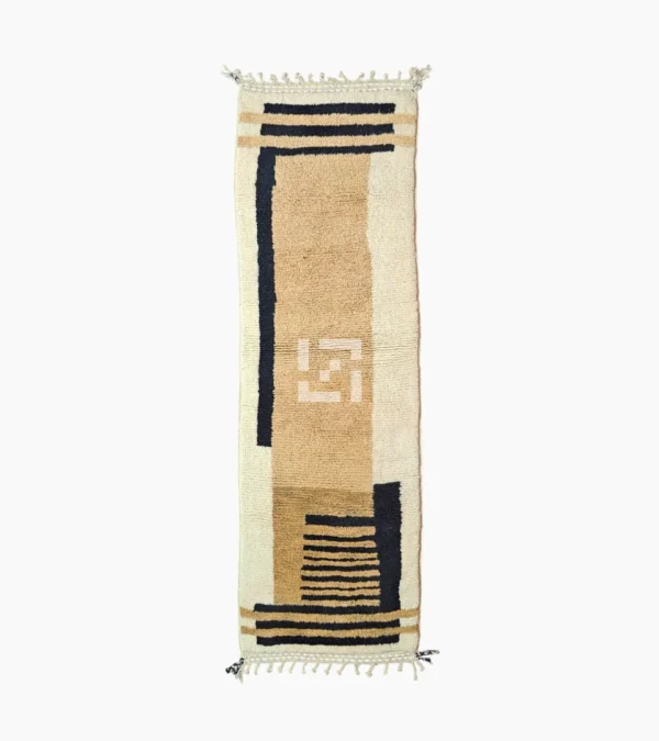 Top View of Brann handmade Beni Ourain wool runner with a striped and block design in black, beige, and ivory