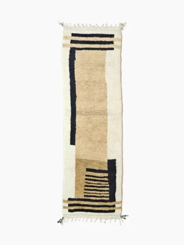 Top View of Brann handmade Beni Ourain wool runner with a striped and block design in black, beige, and ivory