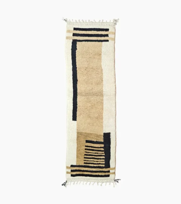 Top View of Brann handmade Beni Ourain wool runner with a striped and block design in black, beige, and ivory