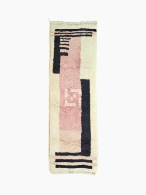 Top View of Brann handmade Azilal wool runner with a striped geometric design in blush pink, charcoal gray, and ivory