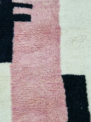Detailed View of Brann handmade Azilal wool runner with a striped geometric design in blush pink, charcoal gray, and ivory