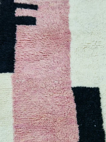 Detailed View of Brann handmade Azilal wool runner with a striped geometric design in blush pink, charcoal gray, and ivory