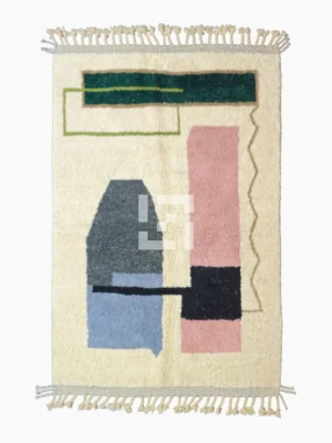 Top View of Handmade Moroccan wool rug with a Mid-Century abstract design in teal, brown, pink, and black