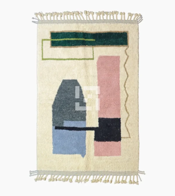 Top View of Handmade Moroccan wool rug with a Mid-Century abstract design in teal, brown, pink, and black