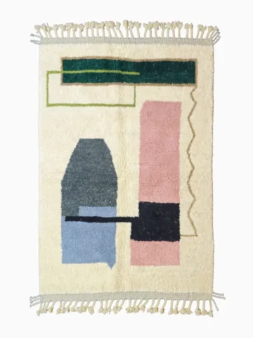 Top View of Handmade Moroccan wool rug with a Mid-Century abstract design in teal, brown, pink, and black