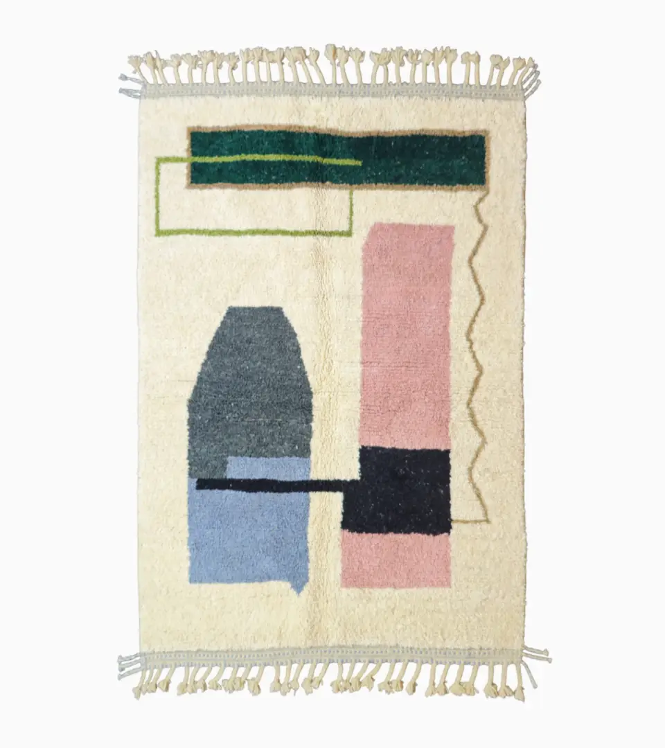 Top View of Handmade Moroccan wool rug with a Mid-Century abstract design in teal, brown, pink, and black