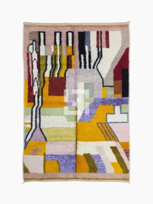 Top View of Handmade Azilal wool rug with a vibrant and complex abstract geometric design in multiple colors