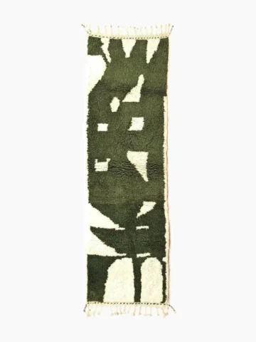 Top View of Handmade Beni Ourain wool runner with a contemporary abstract design in green and ivory