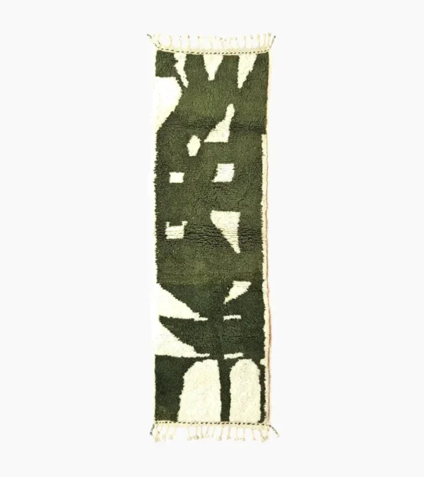Top View of Handmade Beni Ourain wool runner with a contemporary abstract design in green and ivory