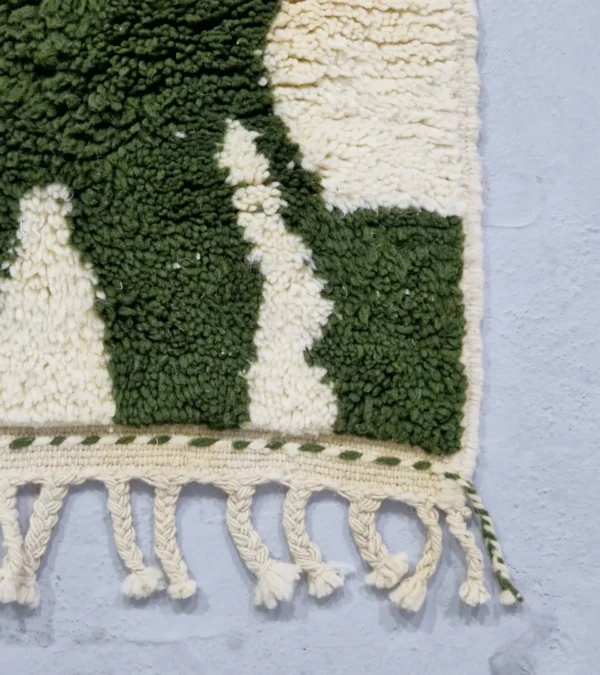Zoomed View of Handmade Beni Ourain wool runner with a contemporary abstract design in green and ivory