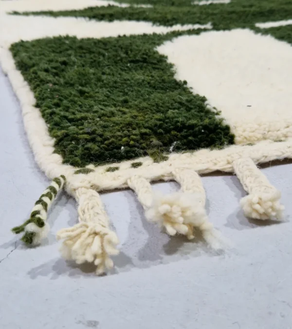 Zoomed View of Handmade Beni Ourain wool runner with a contemporary abstract design in green and ivory