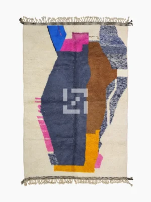 Top View of Handmade Beni Ourain wool rug with a contemporary abstract design in blue, brown, pink, and yellow