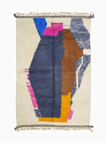 Top View of Handmade Beni Ourain wool rug with a contemporary abstract design in blue, brown, pink, and yellow