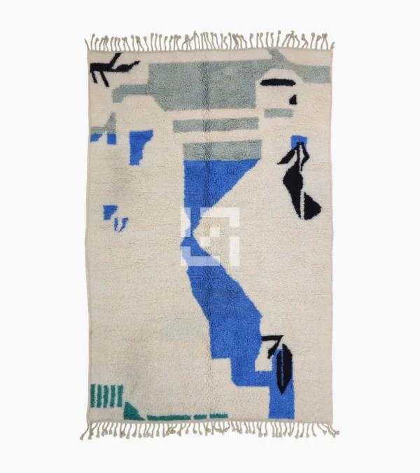 Top View of Diana handmade Beni Ourain wool rug with a contemporary abstract design in blues, grays, black, and green