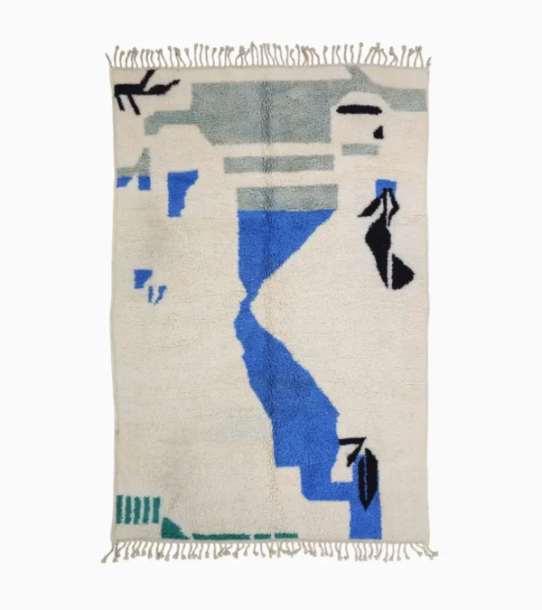 Top View of Diana handmade Beni Ourain wool rug with a contemporary abstract design in blues, grays, black, and green