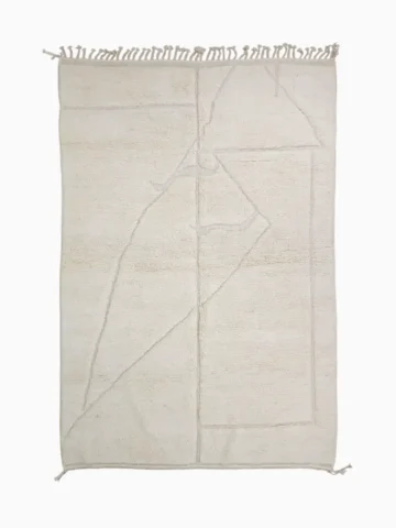 Top View of Dora handmade Beni Mrirt wool rug with a subtle geometric design in ivory created by a textured high/low pile