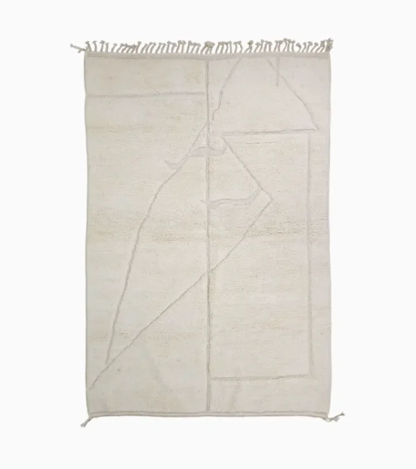 Top View of Dora handmade Beni Mrirt wool rug with a subtle geometric design in ivory created by a textured high/low pile