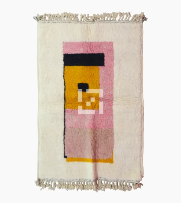 Top View of Elara handmade Beni Ourain wool rug with a colorful block design in vibrant pink, mustard yellow, and charcoal gray