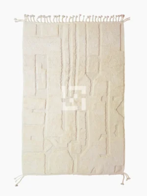 Top View of Eleni handmade Beni Mrirt wool rug with a minimalist ivory geometric design