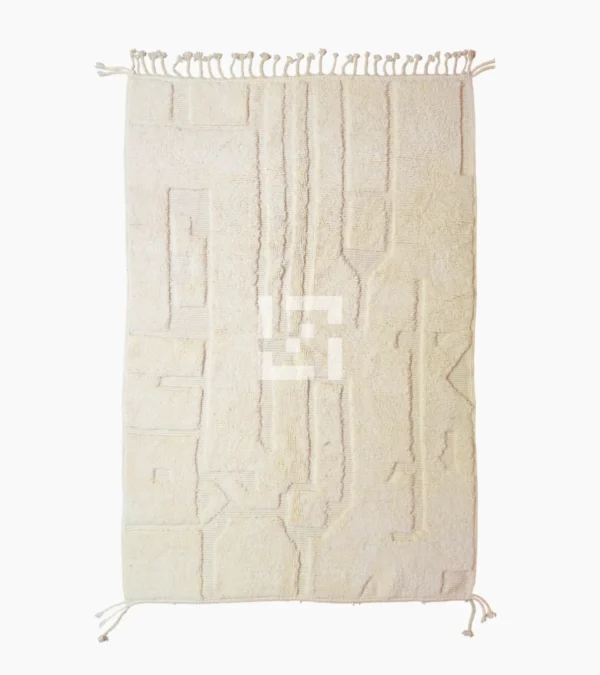 Top View of Eleni handmade Beni Mrirt wool rug with a minimalist ivory geometric design