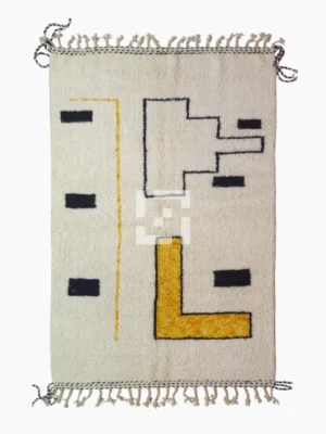 Top View of Elly handmade Azilal wool rug with a modern abstract geometric design in black and yellow