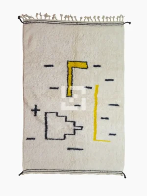 Top View of Elly handmade Azilal wool rug with a whimsical abstract design of lines and shapes in black and yellow