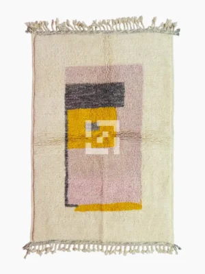 Top View of Elly handmade wool rug with a minimalist pastel colorblocked design in pink, yellow, and gray