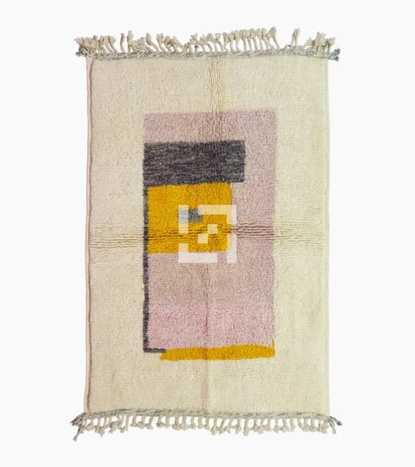 Top View of Elly handmade wool rug with a minimalist pastel colorblocked design in pink, yellow, and gray