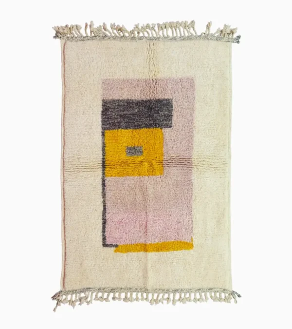 Top View of Elly handmade wool rug with a minimalist pastel colorblocked design in pink, yellow, and gray