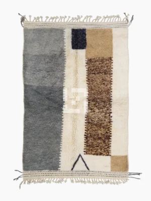 Top View of Emy handmade Beni Mrirt wool rug with a contemporary abstract color block design in gray and brown