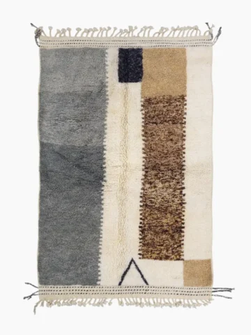 Top View of Emy handmade Beni Mrirt wool rug with a contemporary abstract color block design in gray and brown