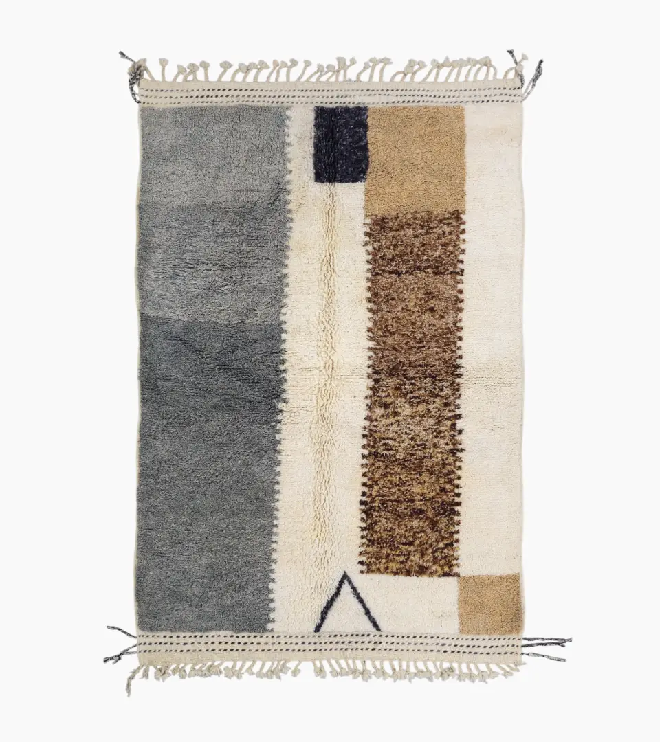 Top View of Emy handmade Beni Mrirt wool rug with a contemporary abstract color block design in gray and brown
