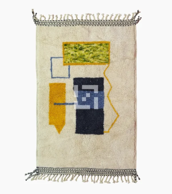 Top View of Emy handmade Beni Ourain wool rug with a modern abstract design featuring green, yellow, navy blue, light blue, and white color blocks outlined in yellow