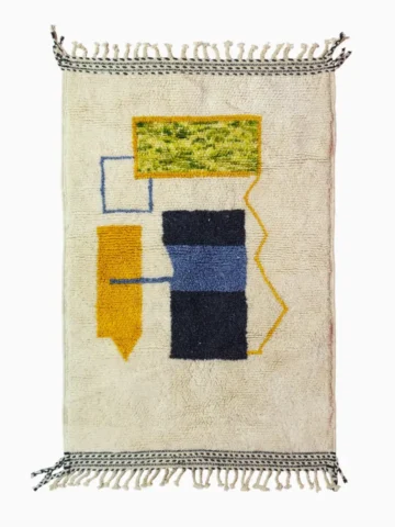 Top View of Emy handmade Beni Ourain wool rug with a modern abstract design featuring green, yellow, navy blue, light blue, and white color blocks outlined in yellow