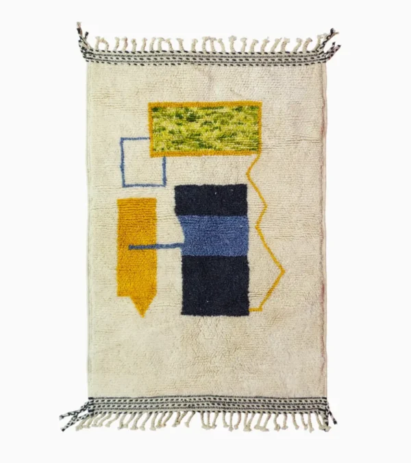Top View of Emy handmade Beni Ourain wool rug with a modern abstract design featuring green, yellow, navy blue, light blue, and white color blocks outlined in yellow