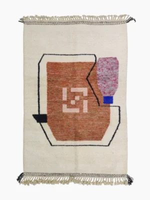 Top View of Fairouz handmade Moroccan wool rug with a modern geometric abstract design in terracotta, pink, and black
