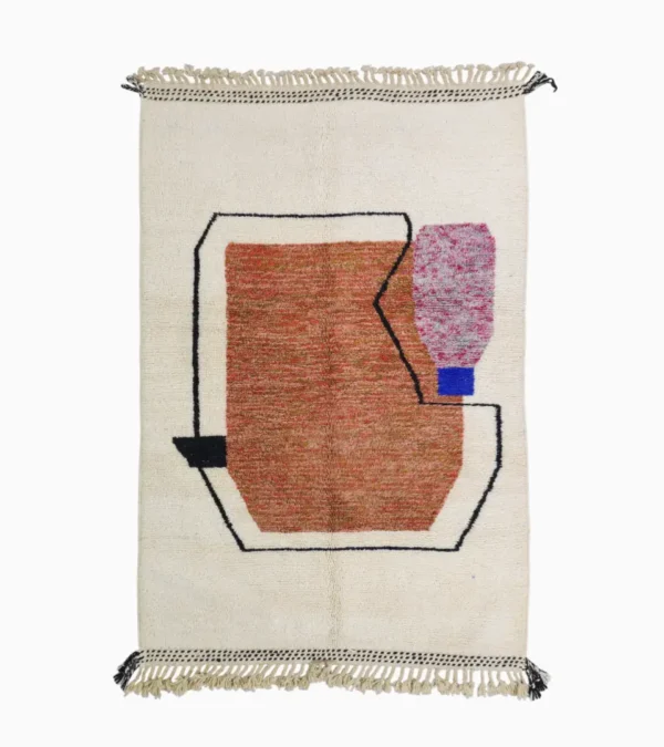 Top View of Fairouz handmade Moroccan wool rug with a modern geometric abstract design in terracotta, pink, and black