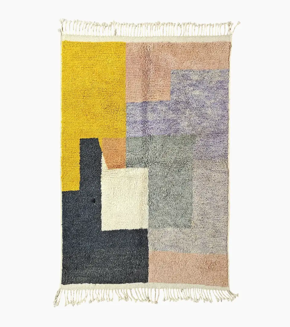 Top View of Farah handmade Beni Ourain wool rug with a Moroccan colorblocked design in yellow, pink, lavender, blue, peach, and ivory