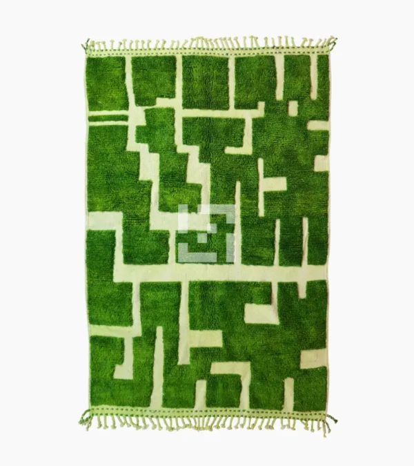 Top View of Frez handmade wool rug with a minimalist green line pattern and ivory background