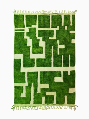 Top View of Frez handmade wool rug with a minimalist green line pattern and ivory background