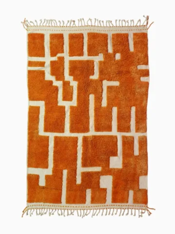 Top View of Frez handmade Beni Ourain wool rug with a minimalist geometric design in orange and ivory