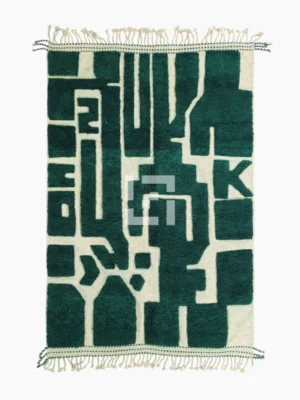 Top View of Handmade Beni Ourain wool rug with a high/low textured pile and a forest green geometric design
