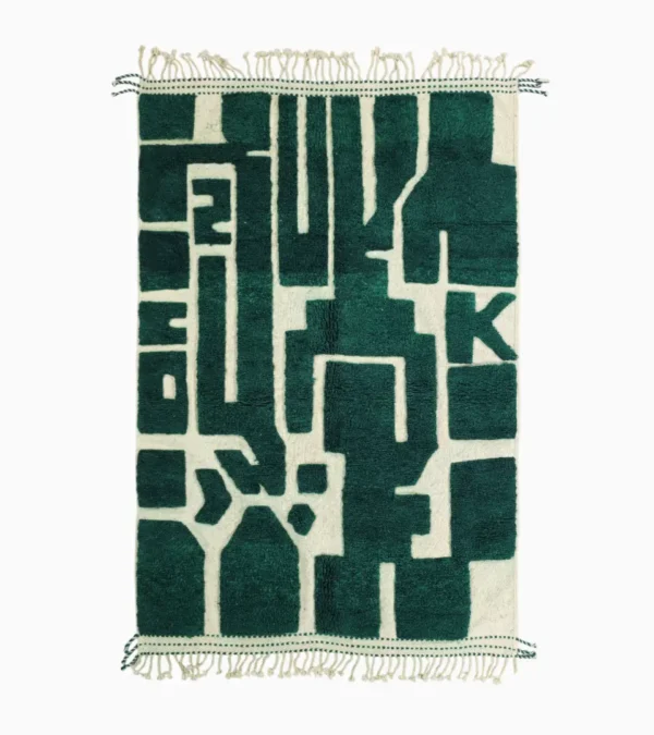 Top View of Handmade Beni Ourain wool rug with a high/low textured pile and a forest green geometric design