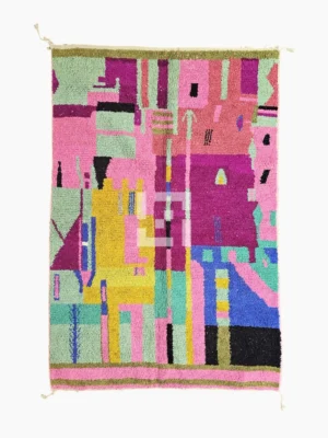 Top View of Hand-knotted Moroccan wool rug with an abstract mosaic design in vibrant colors