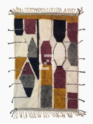 Top View of Imani handmade Beni Ourain wool rug with a boho geometric high-low design in multicolor hues including plum, yellow, black, and gray