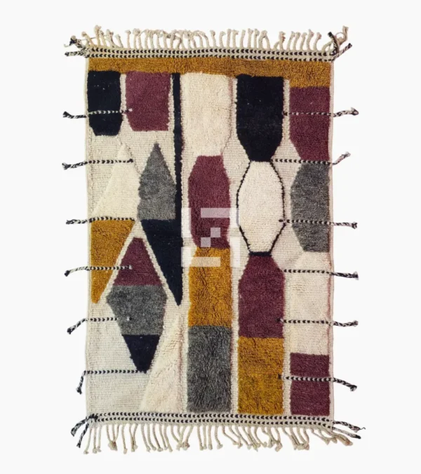 Top View of Imani handmade Beni Ourain wool rug with a boho geometric high-low design in multicolor hues including plum, yellow, black, and gray