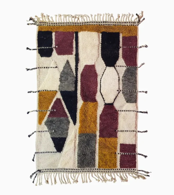 Top View of Imani handmade Beni Ourain wool rug with a boho geometric high-low design in multicolor hues including plum, yellow, black, and gray