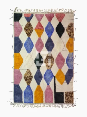 Top View of Iris handmade Moroccan wool rug with a colorful diamond design in yellow, pink, blue, black, and ivory