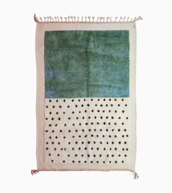 Top View of Johana handmade Moroccan wool rug with a modern dotted pattern and two-tone green and ivory design
