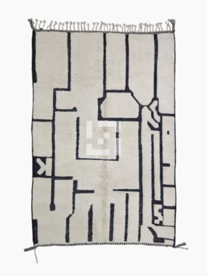 Top View of Handmade Moroccan Beni Ourain wool rug with abstract striped pattern in ivory and black